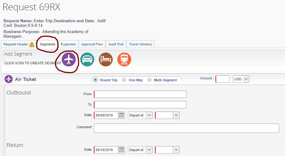 Under the Request Menu, select Segments and choose the airplane option.